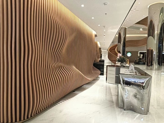3D Radius Curved Metal Ceiling Baffle Soundproofing Woodgrain Wall Acoustic Panels