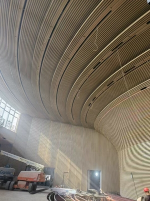 Museum 3D Radius Curved Metal Ceiling Baffle Soundproofing Woodgrain Wall Acoustic Panels