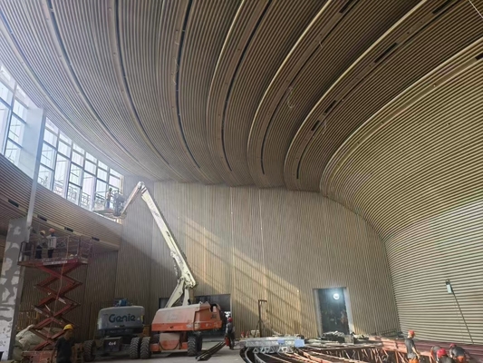 Museum 3D Radius Curved Metal Ceiling Baffle Soundproofing Woodgrain Wall Acoustic Panels