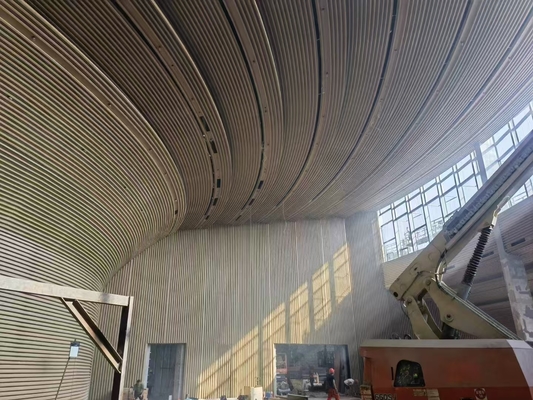Museum 3D Radius Curved Metal Ceiling Baffle Soundproofing Woodgrain Wall Acoustic Panels