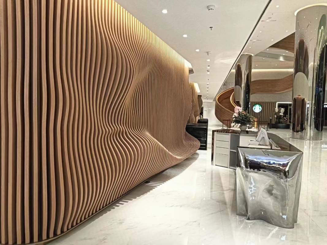 3D Radius Curved Metal Ceiling Baffle Soundproofing Woodgrain Wall Acoustic Panels