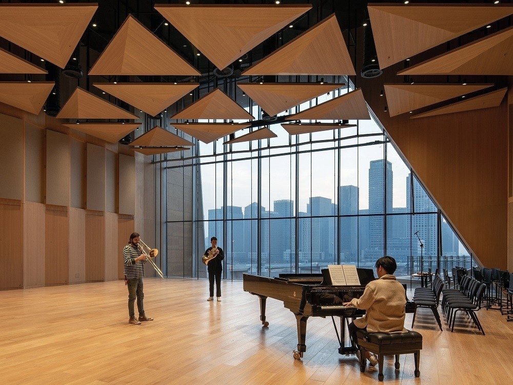 Training Room 3D triangle microperforated acoustic diffuser ceiing tile wooden sound absorption