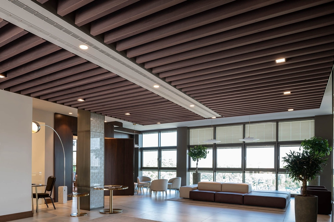 2/2/0.5mm Wooden Microperforated Acoustic Baffle Ceiling Tile Torsion Spring Panelized
